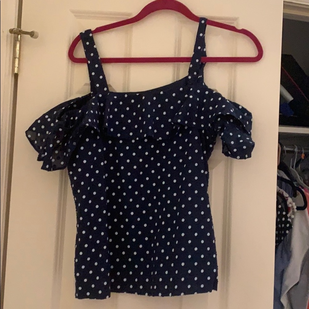 Navy polka dot off cold shoulder blouse